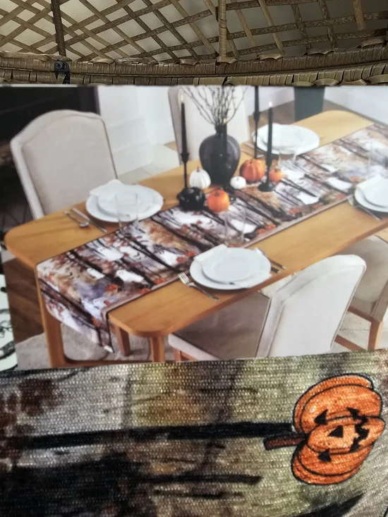 Tahari Fall Pumpkin Print Table Runner in Orange, Black & White Ghost