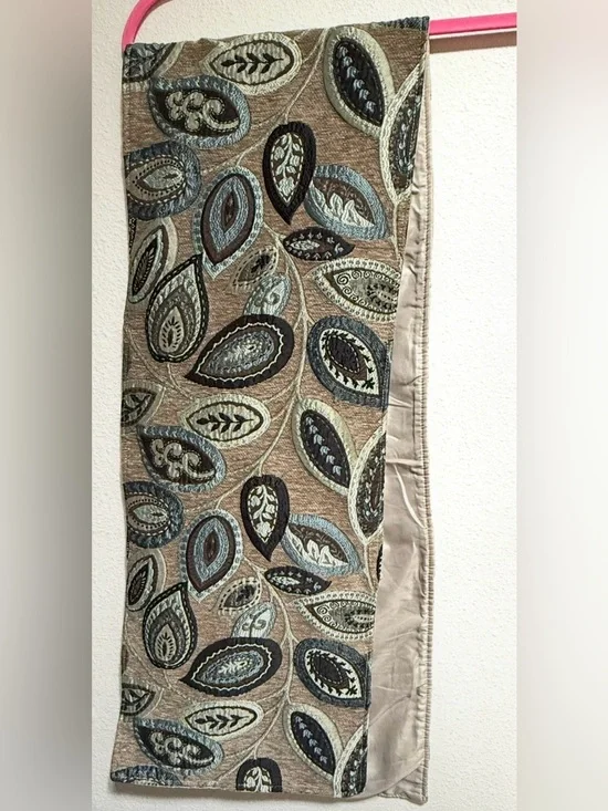 Leaf Paisley Embroidered Textured Table Runner in Taupe and Blue 68 in x 12 in