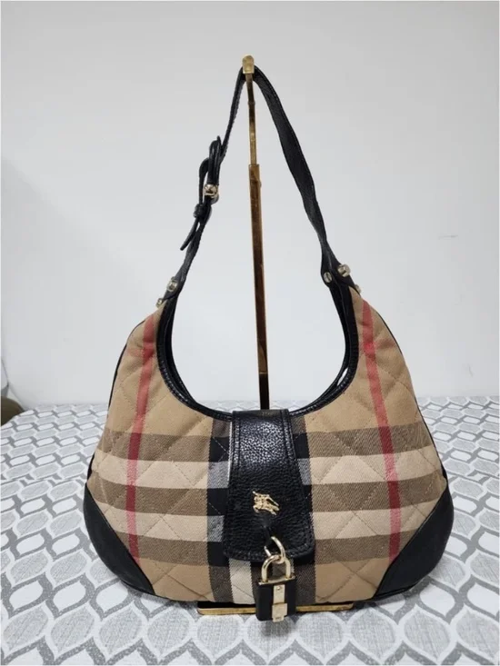 Authentic Burberry Quilted House Check Canvas and Leather Brooke Hobo Bag Beige/