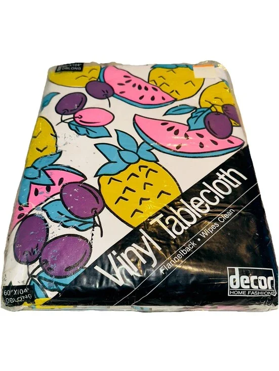 NEW Vintage 1990s Neon Fruit Thick Vinyl Tablecloth 60'x 104