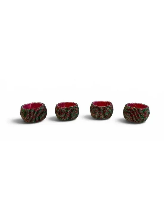 Set (4) Holiday Beaded Napkin Rings With Red & Green Accents