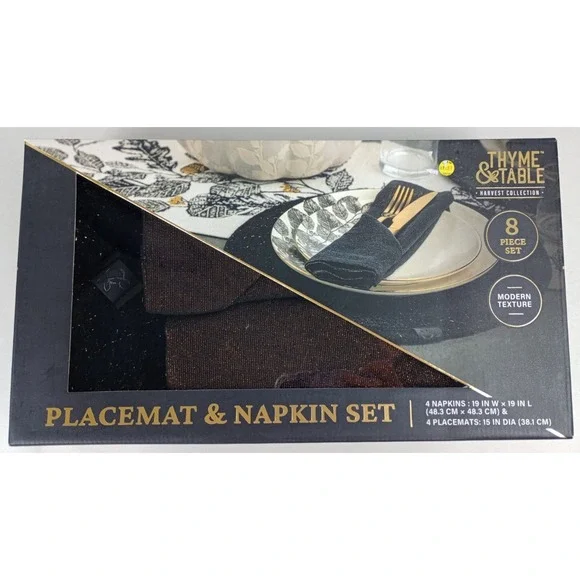 Thyme & Table Harvest Collection 8 Piece Placemat Napkin Set Black Gold