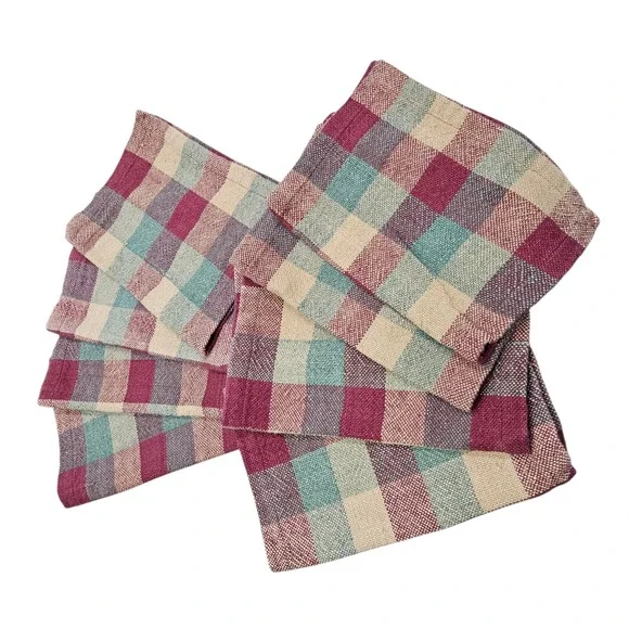 Pottery Barn Placemats Set of 8 Cotton Woven Plaid Burgundy Teal Beige Country‎