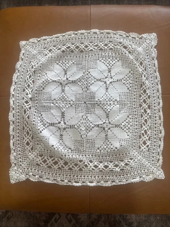 Vintage Hand Crocheted White Table Topper Doily 26x27 Square Lace Centerpiece