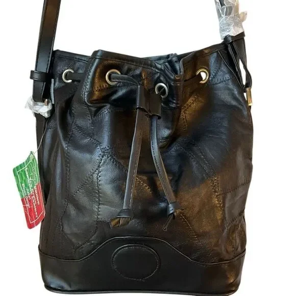 Maxam Lambskin Patchwork Mosaic Drawstring Bag, Black NWT Vintage