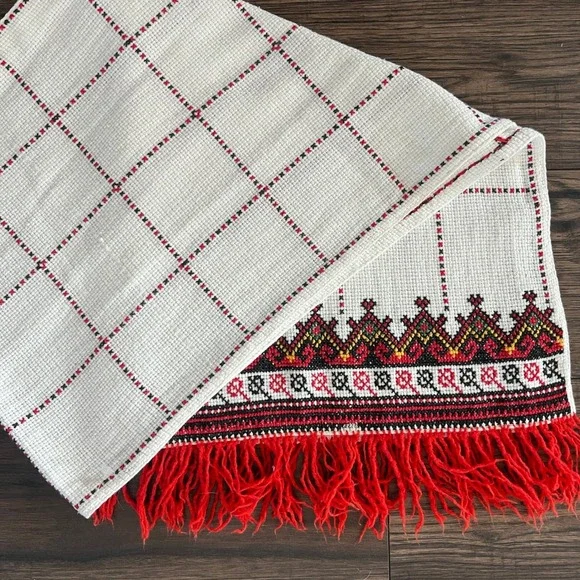Vintage Hand Cross Stitch Folk Art Table Runner Red Black Geometric