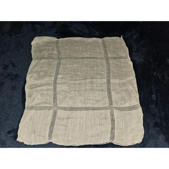 Vintage White Linen Napkin Openwork Ladder Stitch Windowpane Scalloped Edge 12in