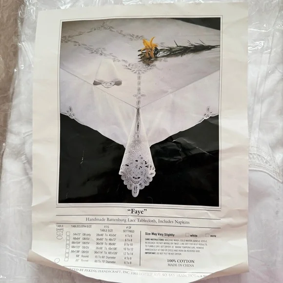 NEW Faye Handmade Battenburg Lace Tablecloth & Napkins Set Cotton White 68”x120”