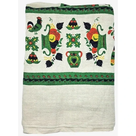 Folk Art Unbranded Linen Rectangular Tablecloth 56x80 Cream Green‎ Red Rooster
