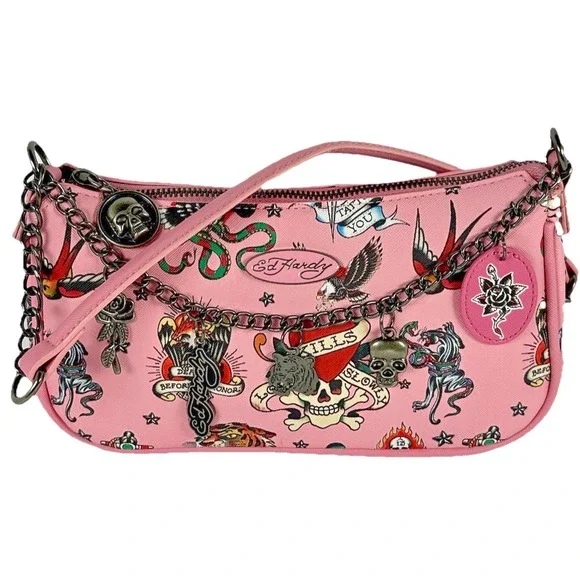 Ed Hardy Pink Shoulder Bag Hobo Purse Tattoo Print Charms Skull Tiger Y2K
