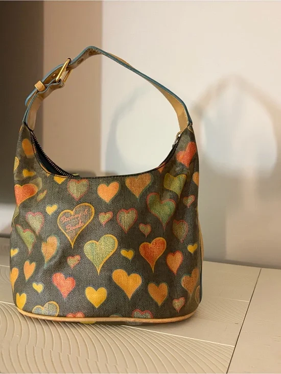 Heart-Print Canvas Hobo Bag in Multicolor