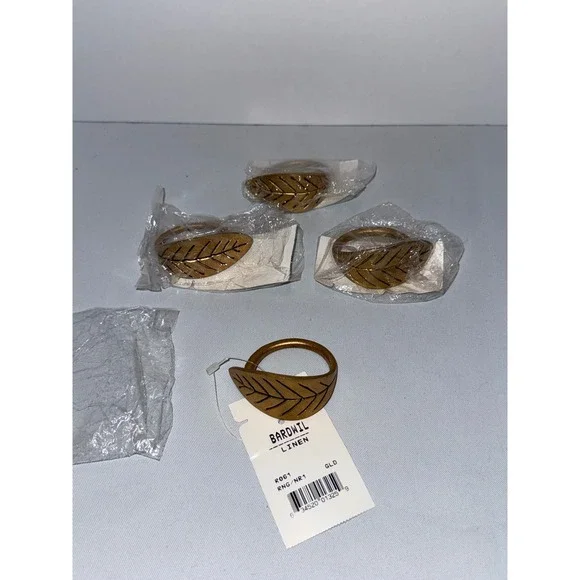Bardwil Linens Gold Leaf Napkin Rings Set of 4 Metal Botanical Table Decor R061