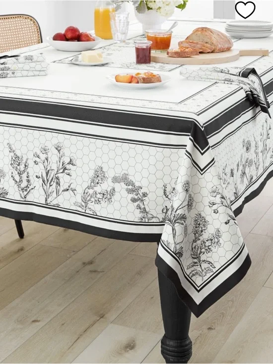 Williams Sonoma Honeycomb Tablecloth 70x108 Black‎ White Floral Cotton NWT