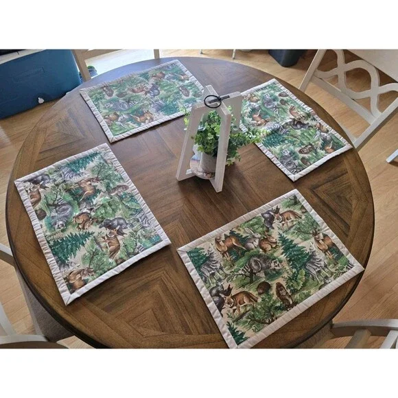 Vintage Woodland Forest Animal Placemats Set of 4 Deer Wolf Fox Raccoon Rabbit