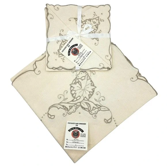 Vintage‎ Benj. M. Jabara & Sons Portuguese Hand Embroidery Linen Table Set Cream