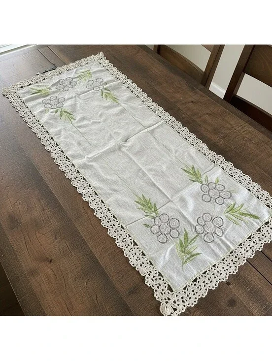 Vintage Embroidered Linen Table Runner with Lace Trim