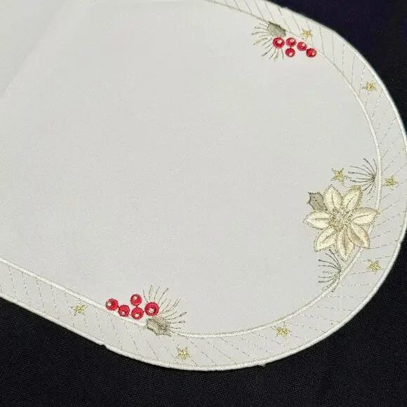 German Embroidered Christmas Table Runner Place Mat Poinsettia 11x22 Gold Thread