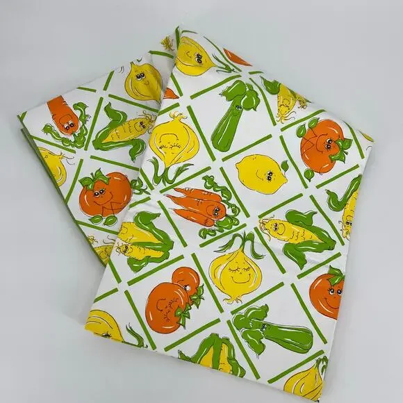 Vintage 70s Hildi Fruit and Vegetable Tablecloth 69x53 in Anthropomorphic Vinyl