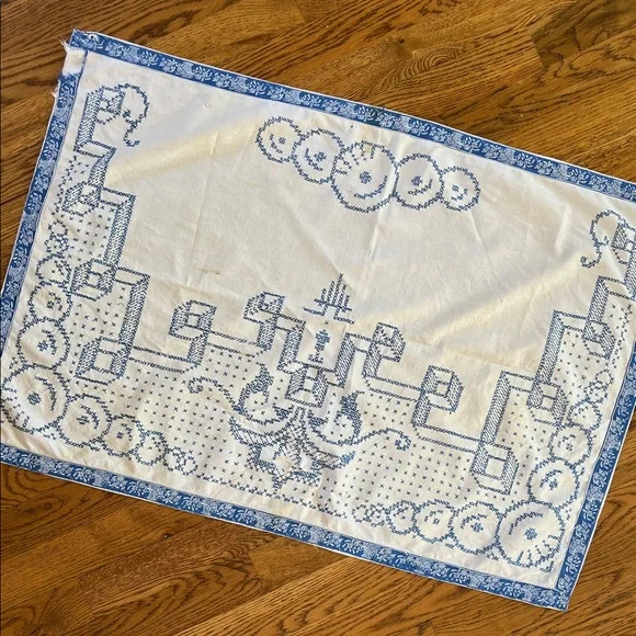 Embroidered Tablecloth Dresser Scarf Blue Cross Stitch Cutter Vintage