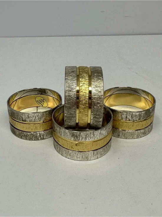 Vintage Set of 4 Two-Tone Gold and Silver Metal Napkin Rings Made in Hong Kong