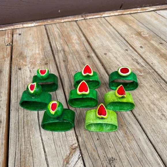 Handmade Watermelon‎ Napkin Rings Set of 8 Green Red Summer Fruit Decor