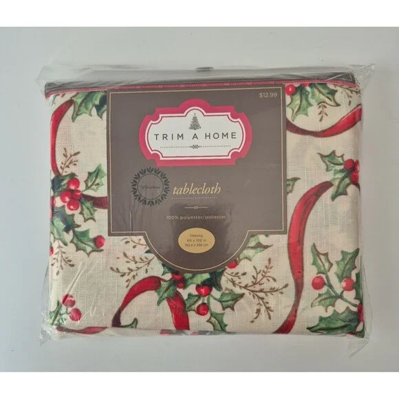 Trim a Home Christmas Holly Berries Red Ribbons 60 x 102 IN Oblong Tablecloth