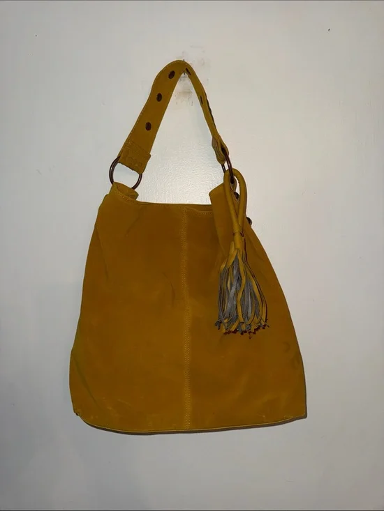 Mustard Yellow Suede Hobo Bag Slouchy Boho Studded Shoulder Tote Purse Tassel
