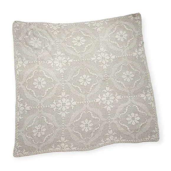 Vintage Off White Square Crochet Table Cloth 51