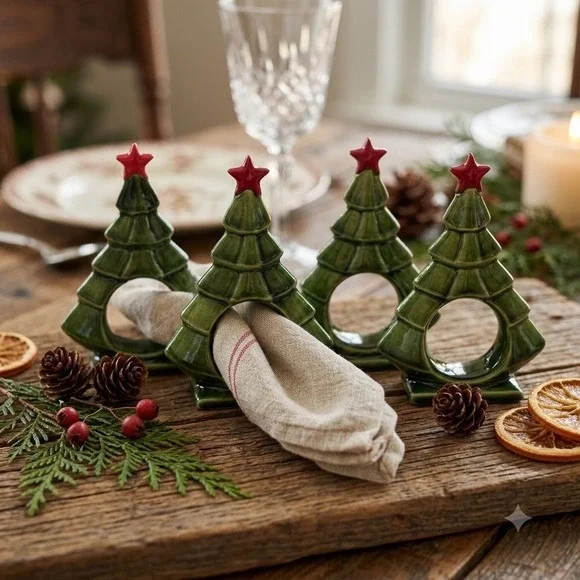 Vintage Hand Painted Ceramic Christmas Tree Napkin Rings Set of 4 Green Red Star