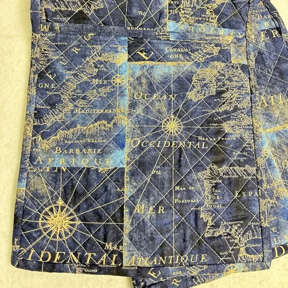 Dark Academia‎ Vintage Inspired OS Blue Gold Nautical Map Quilted Table Runner