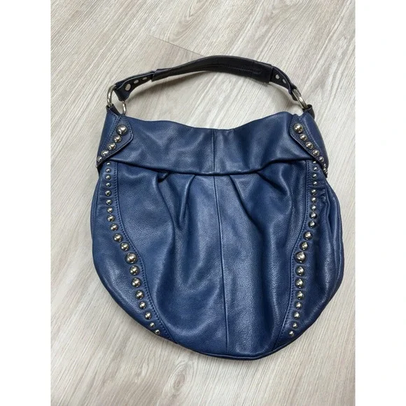 B Makowsky Blue Pebbled 100% Genuine Leather Studded Hobo Bag Purse Grunge Punk