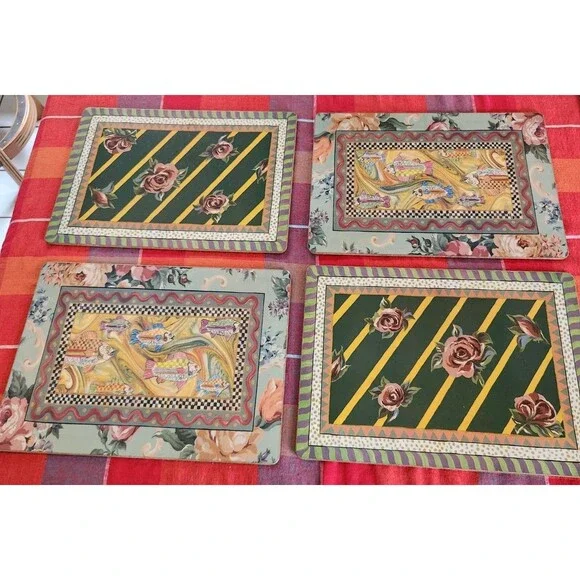 Set of 5 Mackenzie Childs Cork Placemats 3 Courtly Check Fish 2 Roses Floral