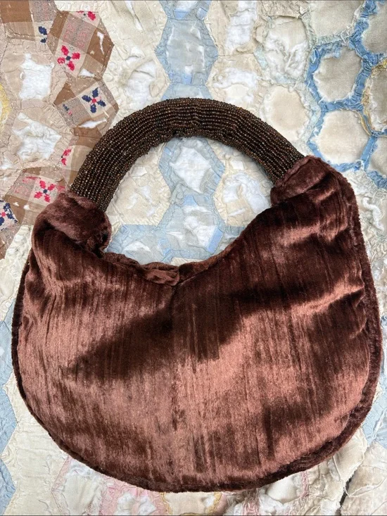Vintage Crushed Brown Velvet Clutch with Beaded Handle