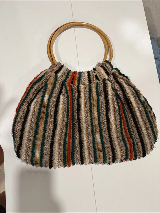 Woven Multicolor Stripe Handbag with Wood Handles