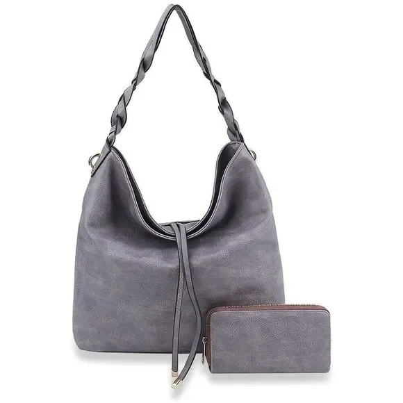 Embossed Twisted Handle Classic Hobo Shoulder Bag with Wallet