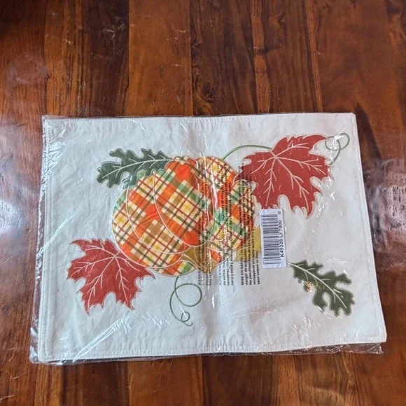 Harvest Plaid Pumpkin Embroidered Fall Placemats Set Cream Autumn Leaves K49328