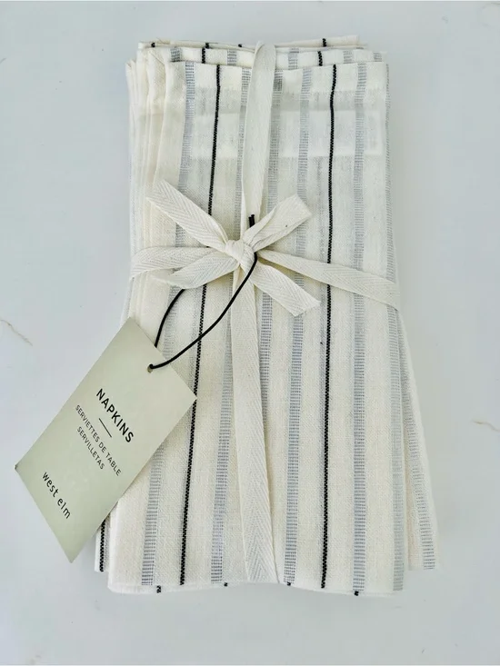 NWT West Elm Off White Napkins with Silver & Black Stripes (Set of 4)