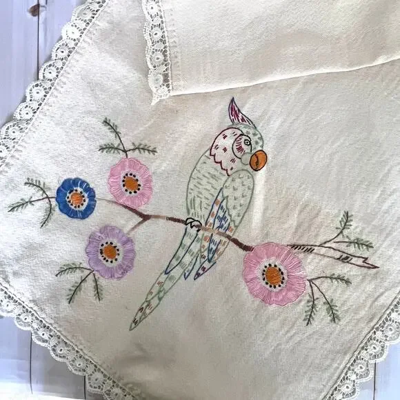Vintage Embroidered Table Runner Vanity / Dresser Scarf Parrot Floral Lace Trim