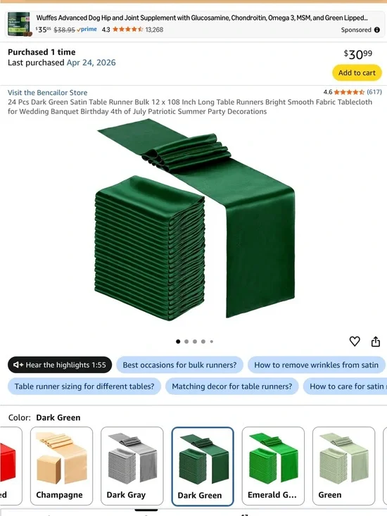 Dark Green Satin Table Runner - 17
