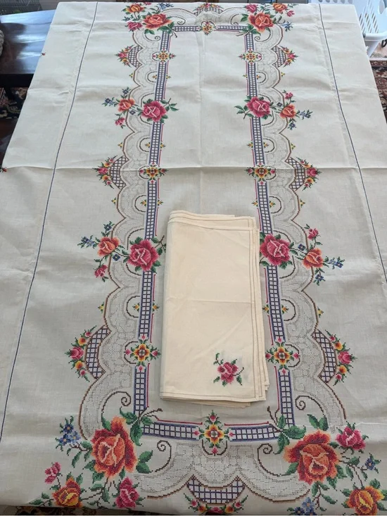 Vintage ecru cross stitch linen large tablecloth 100”x64” W/12 Napkins handmade