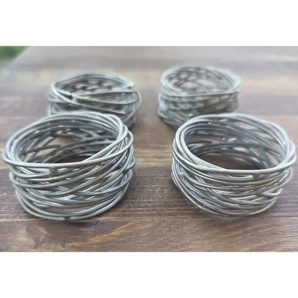 Set of 4 Brutalist Wrapped Wire Napkin Rings Silver Tone Mid Century Modern