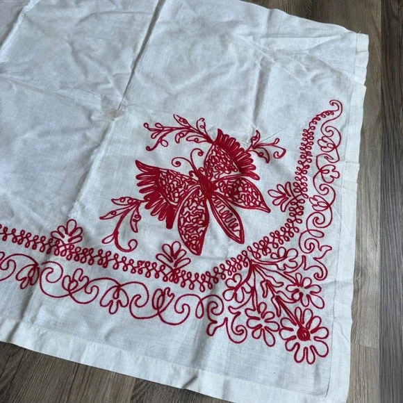 Vintage White Linen Table Runner Red Butterfly Floral Embroidery 64x26 Folk Art