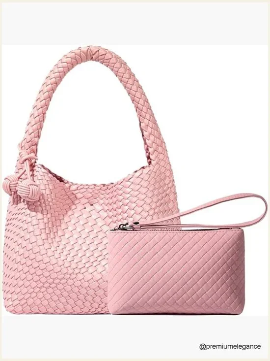 Woven Vegan Leather Hobo Bag with Mini Purse Tote Set
