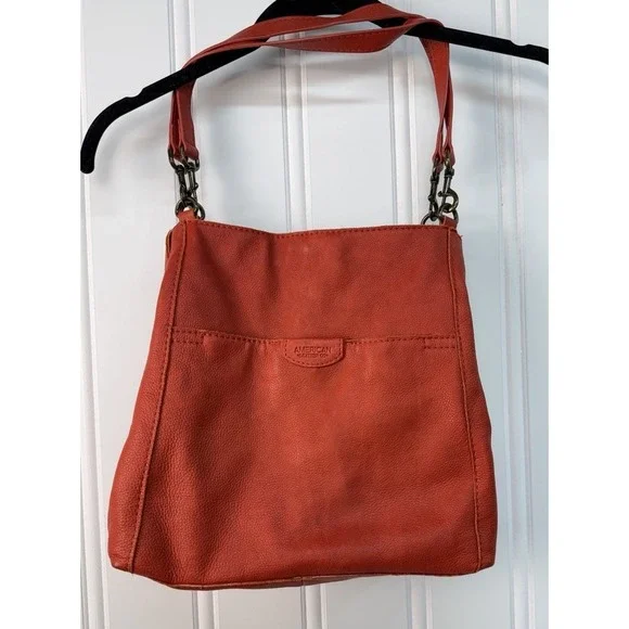 American Leather Co. Austin Triple Entry Bucket Purse Red Hobo Bag
