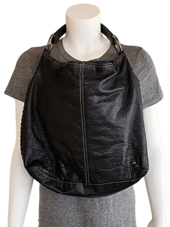 LUCKY BRAND Whipstitch Black Pebbled Leather Hobo Shoulder Bag Studs VINTAGE Y2K