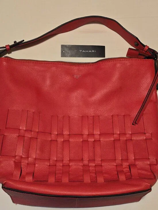 Tahari Channing Hobo handbag red leather Zip Top