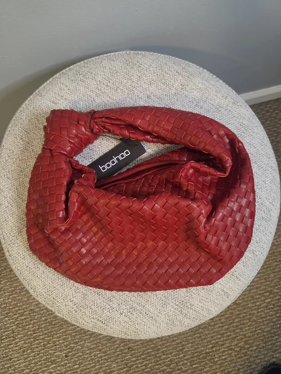 Boohoo Red Woven Knot-Handle Shoulder Bag