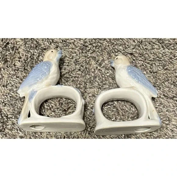 Pair Vintage Blue Bird/Sparrow Ceramic Napkin Rings - Figurine Holders