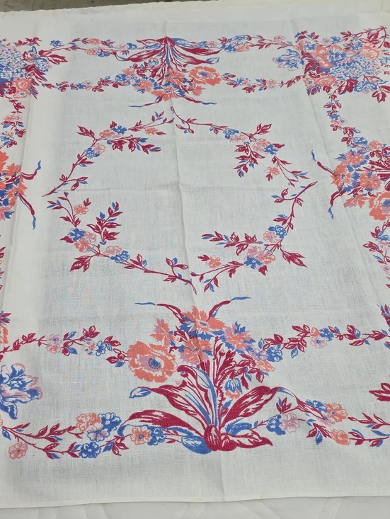 Floral Printed Tablecloth in White with Pink and Blue Accents