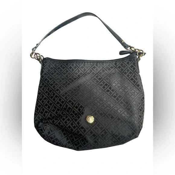 Tommy Hilfiger Black Patterned Hobo Bag Logo textured jacquard city chic neutral